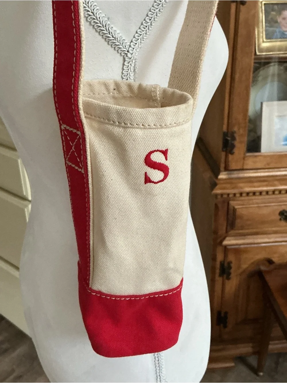 Lands End Canvas Wine Bottle Tote Bag Caddy Red Cream Initial Monogram S